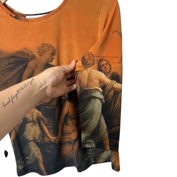 Daniel Benjamin Renaissance Art Print Top Long Sleeve Scoop Neck Orange Small - Picture 6 of 9